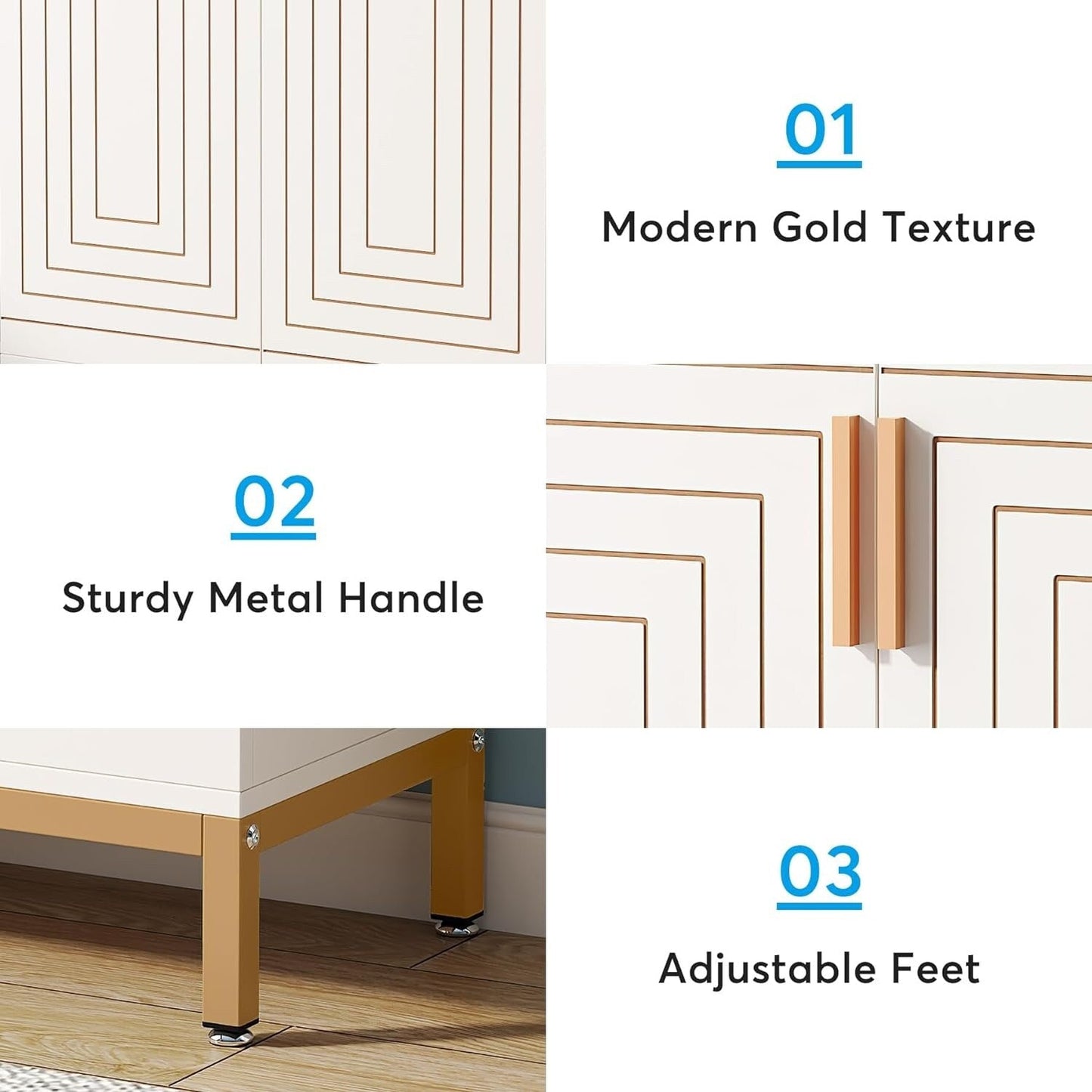 Meuble à chaussures pour 20 paires, meuble de rangement moderne de 95 cm avec portes, blanc et or.