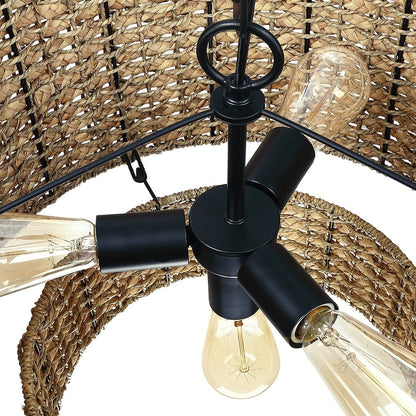 Suspension à 4 lumières en rotin naturel, style tambour traditionnel, avec auvent noir - Noir/terre - 50,8 cm (20 po) de largeur