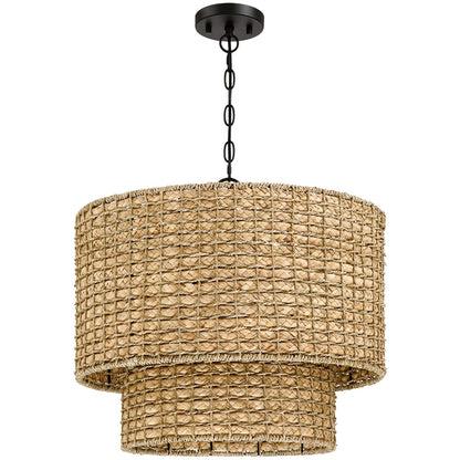 Suspension à 4 lumières en rotin naturel, style tambour traditionnel, avec auvent noir - Noir/terre - 50,8 cm (20 po) de largeur