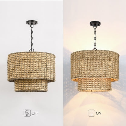 Suspension à 4 lumières en rotin naturel, style tambour traditionnel, avec auvent noir - Noir/terre - 50,8 cm (20 po) de largeur