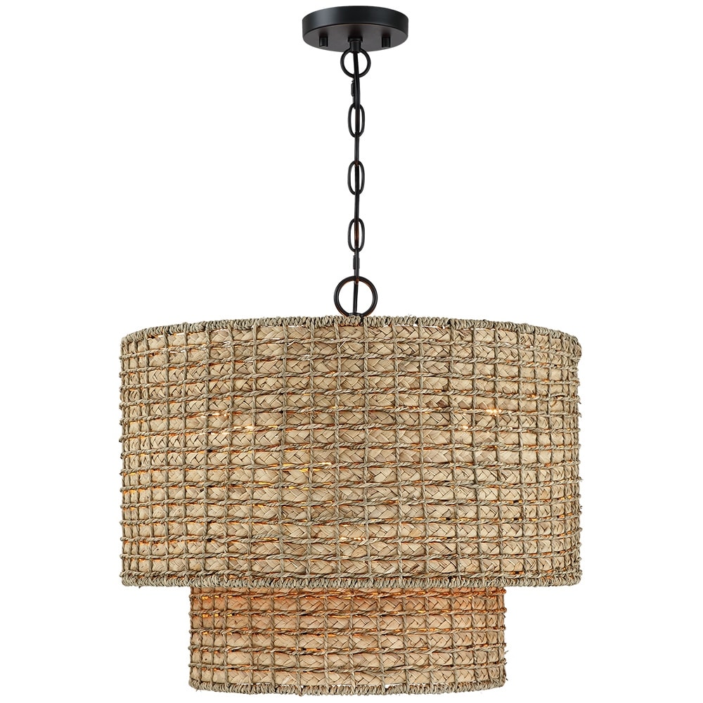 Suspension à 4 lumières en rotin naturel, style tambour traditionnel, avec auvent noir - Noir/terre - 50,8 cm (20 po) de largeur