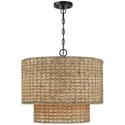 Suspension à 4 lumières en rotin naturel, style tambour traditionnel, avec auvent noir - Noir/terre - 50,8 cm (20 po) de largeur