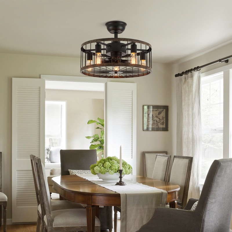 Ventilateur de plafond à faible encombrement de 20 pouces, style moderne et rustique, avec finition en bois, cage et éclairage, avec télécommande.