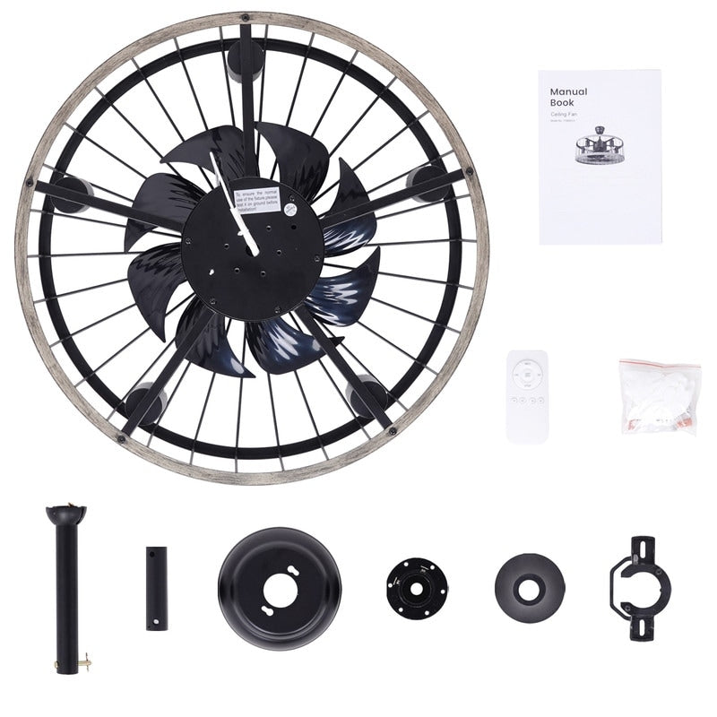 Ventilateur de plafond à faible encombrement de 20 pouces, style moderne et rustique, avec finition en bois, cage et éclairage, avec télécommande.