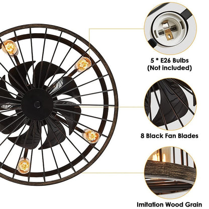 Ventilateur de plafond à faible encombrement de 20 pouces, style moderne et rustique, avec finition en bois, cage et éclairage, avec télécommande.