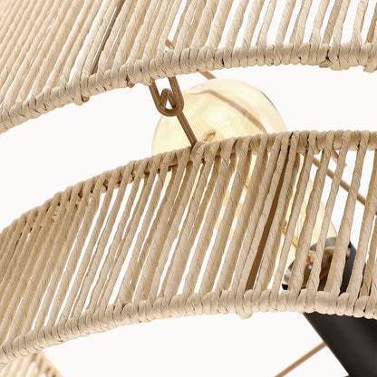 Luminaire suspendu à 4 lumières en rotin à plusieurs niveaux, avec abat-jour noir - 56 cm de largeur