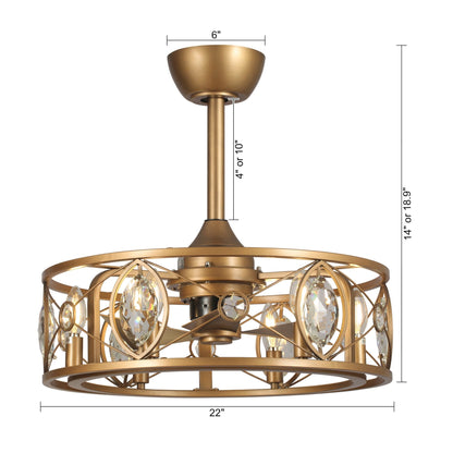 Ventilateur de plafond avec lustre à cage en cristal moderne à 22 lumières avec télécommande
