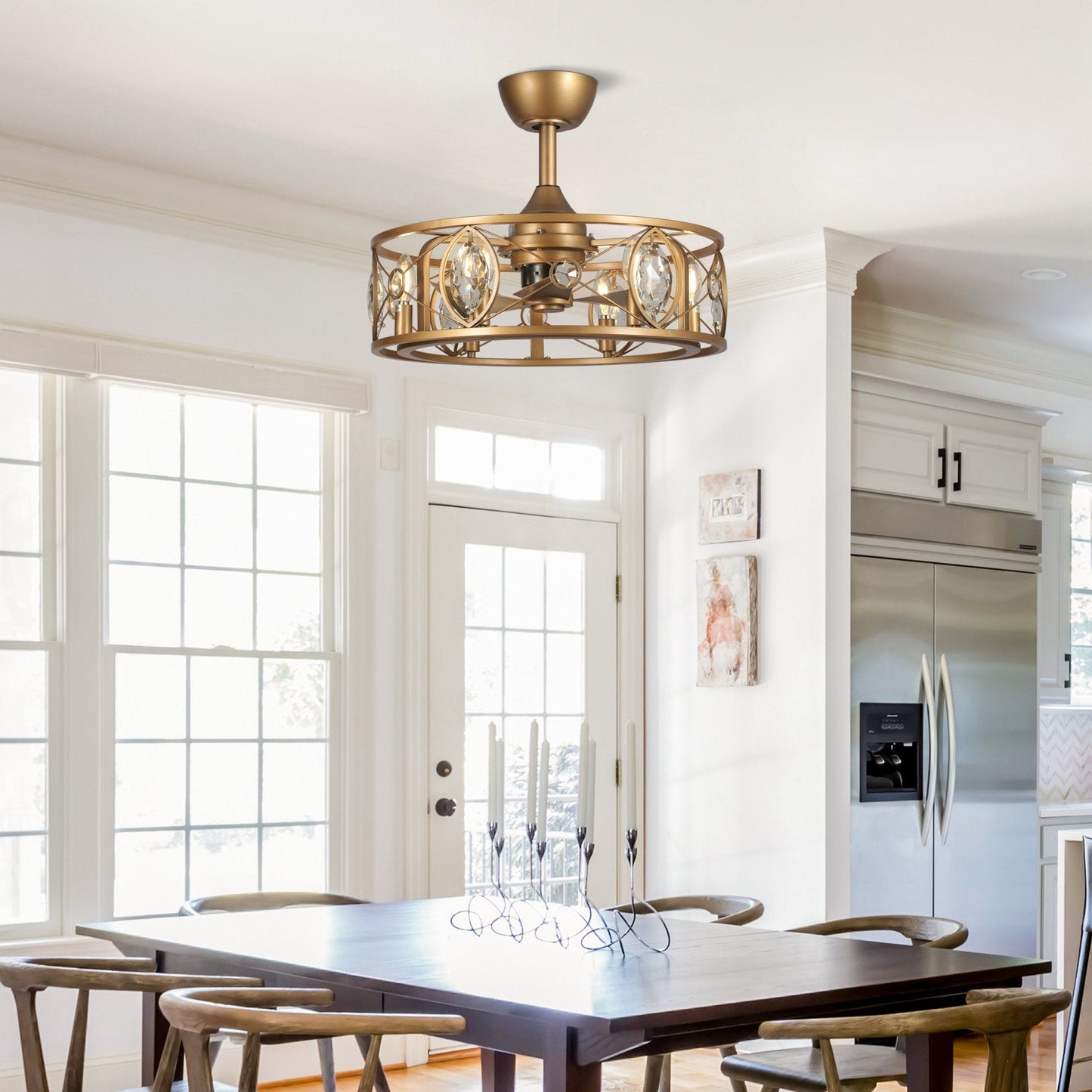 Ventilateur de plafond avec lustre à cage en cristal moderne à 22 lumières avec télécommande