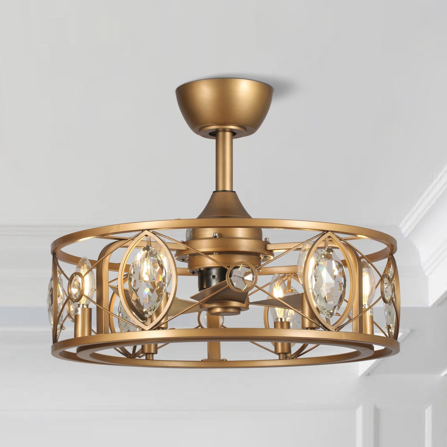 Ventilateur de plafond avec lustre à cage en cristal moderne à 22 lumières avec télécommande