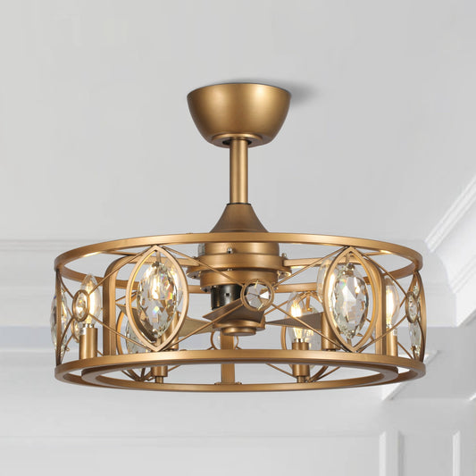 Ventilateur de plafond avec lustre à cage en cristal moderne à 22 lumières avec télécommande