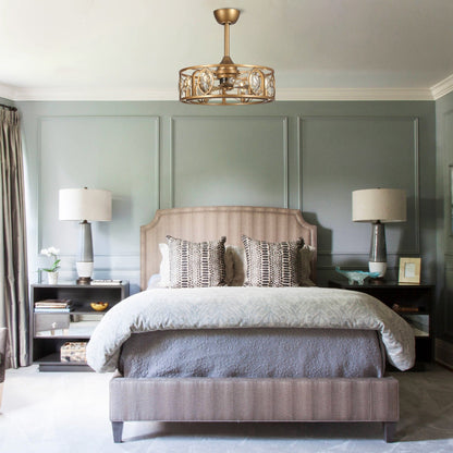 Ventilateur de plafond avec lustre à cage en cristal moderne à 22 lumières avec télécommande