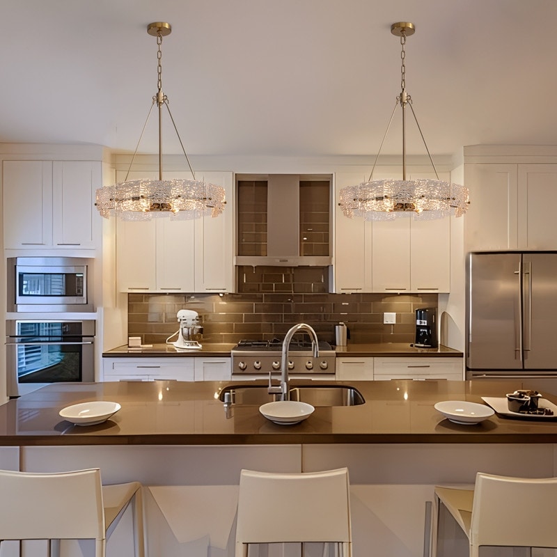 Luminaire suspendu moderne en cristal doré de 60 cm (23,6 po) à 6 lumières, style glamour, pour îlot de cuisine ou salle à manger.