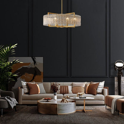 Luminaire suspendu à 6 lumières, style moderne, doré, en forme de tambour, avec cristaux, abat-jour en verre dépoli, pour îlot de cuisine, salle à manger, 66 cm (26 po)