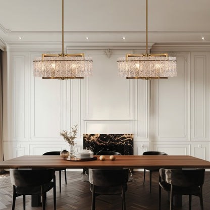 Luminaire suspendu à 6 lumières, style moderne, doré, en forme de tambour, avec cristaux, abat-jour en verre dépoli, pour îlot de cuisine, salle à manger, 66 cm (26 po)