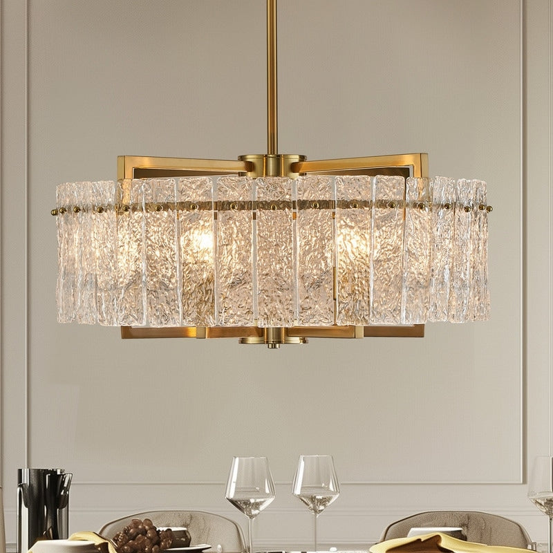 Luminaire suspendu à 6 lumières, style moderne, doré, en forme de tambour, avec cristaux, abat-jour en verre dépoli, pour îlot de cuisine, salle à manger, 66 cm (26 po)