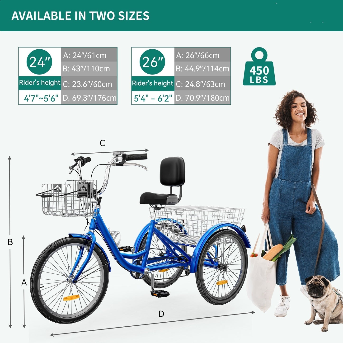 Vélos tricycle 3 roues pour adultes 26 pouces, 7 vitesses