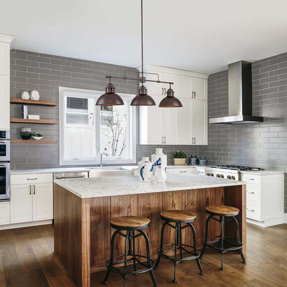 Suspension à 3 lumières style industriel et champêtre, forme de dôme, en métal, pour îlot de cuisine, finition bronze huilé.