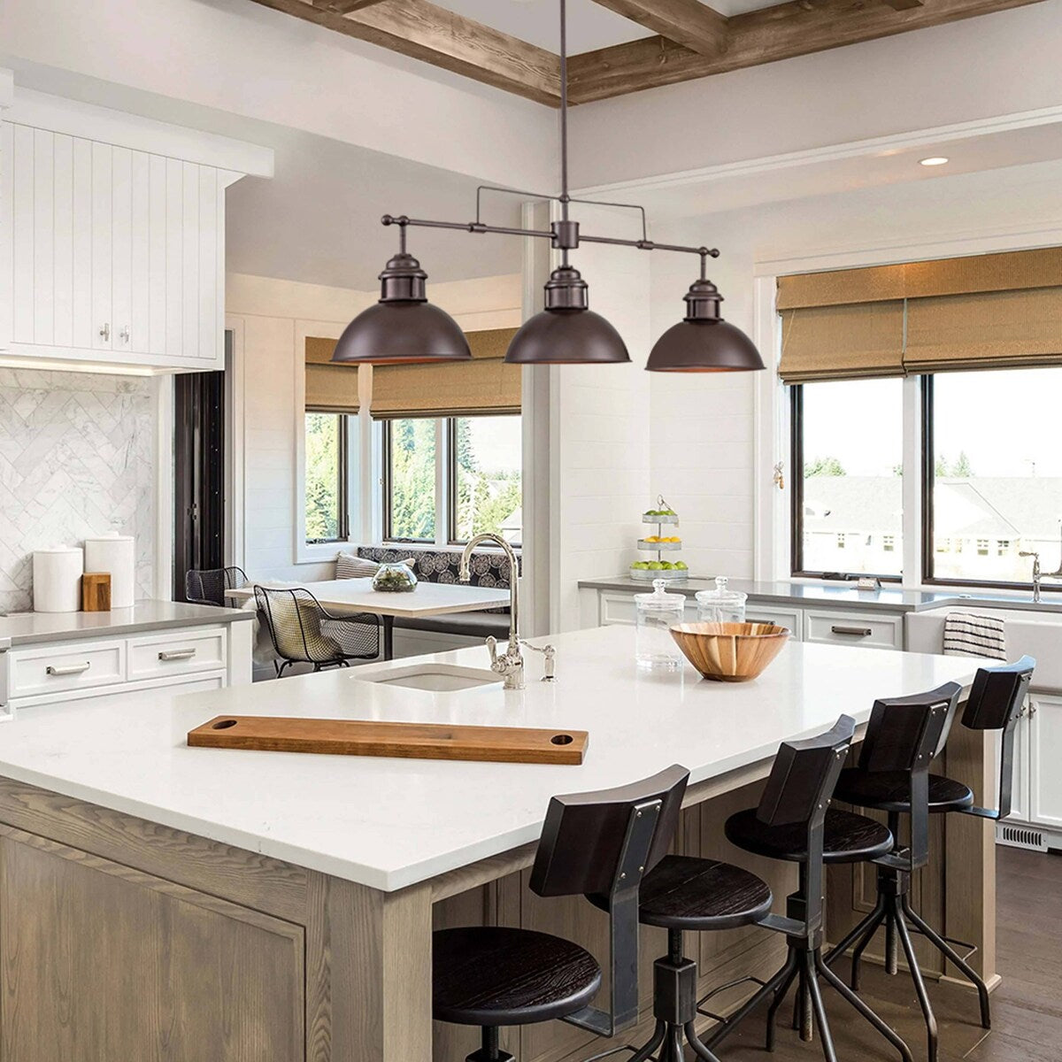 Suspension à 3 lumières style industriel et champêtre, forme de dôme, en métal, pour îlot de cuisine, finition bronze huilé.