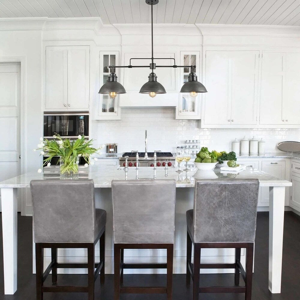 Suspension à 3 lumières style industriel et champêtre, forme de dôme, en métal, pour îlot de cuisine, finition bronze huilé.