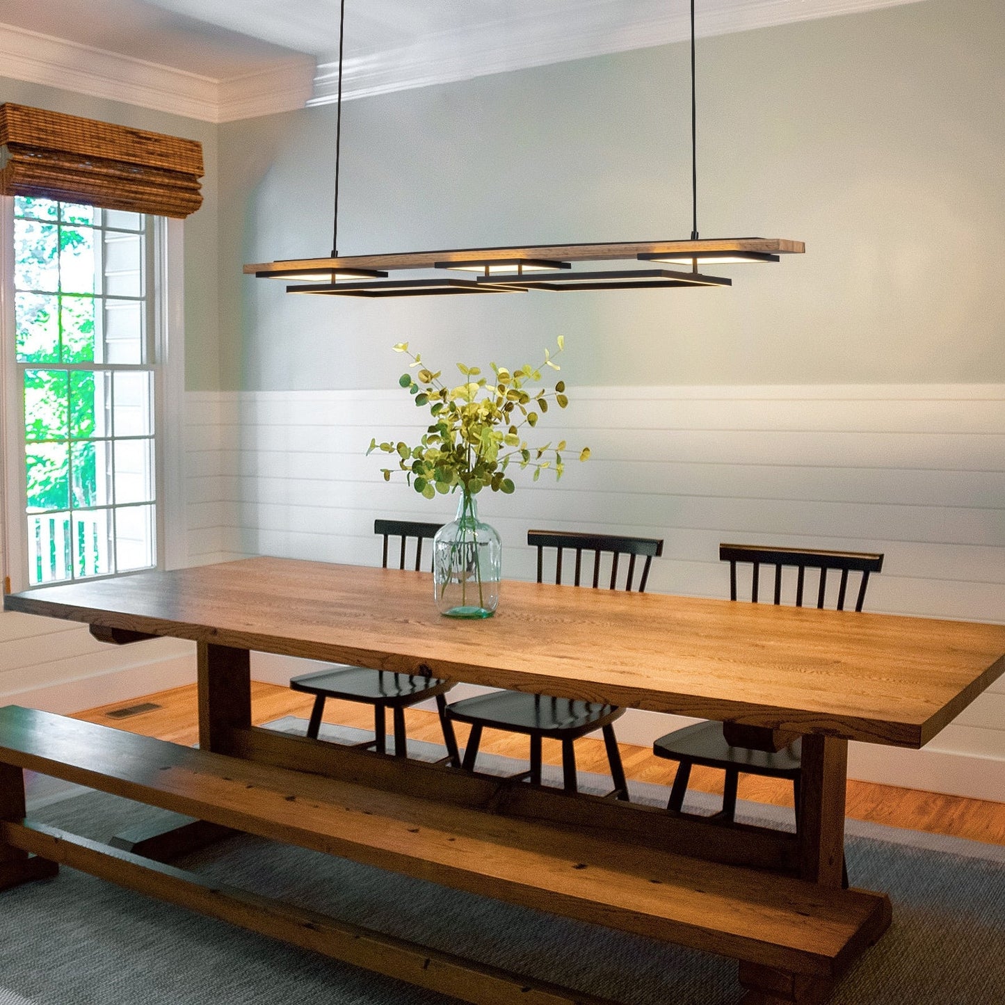 Suspension à LED intégrée en bois, linéaire, à 3 ou 5 lumières, pour îlot de cuisine.