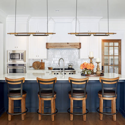 Suspension à LED intégrée en bois, linéaire, à 3 ou 5 lumières, pour îlot de cuisine.