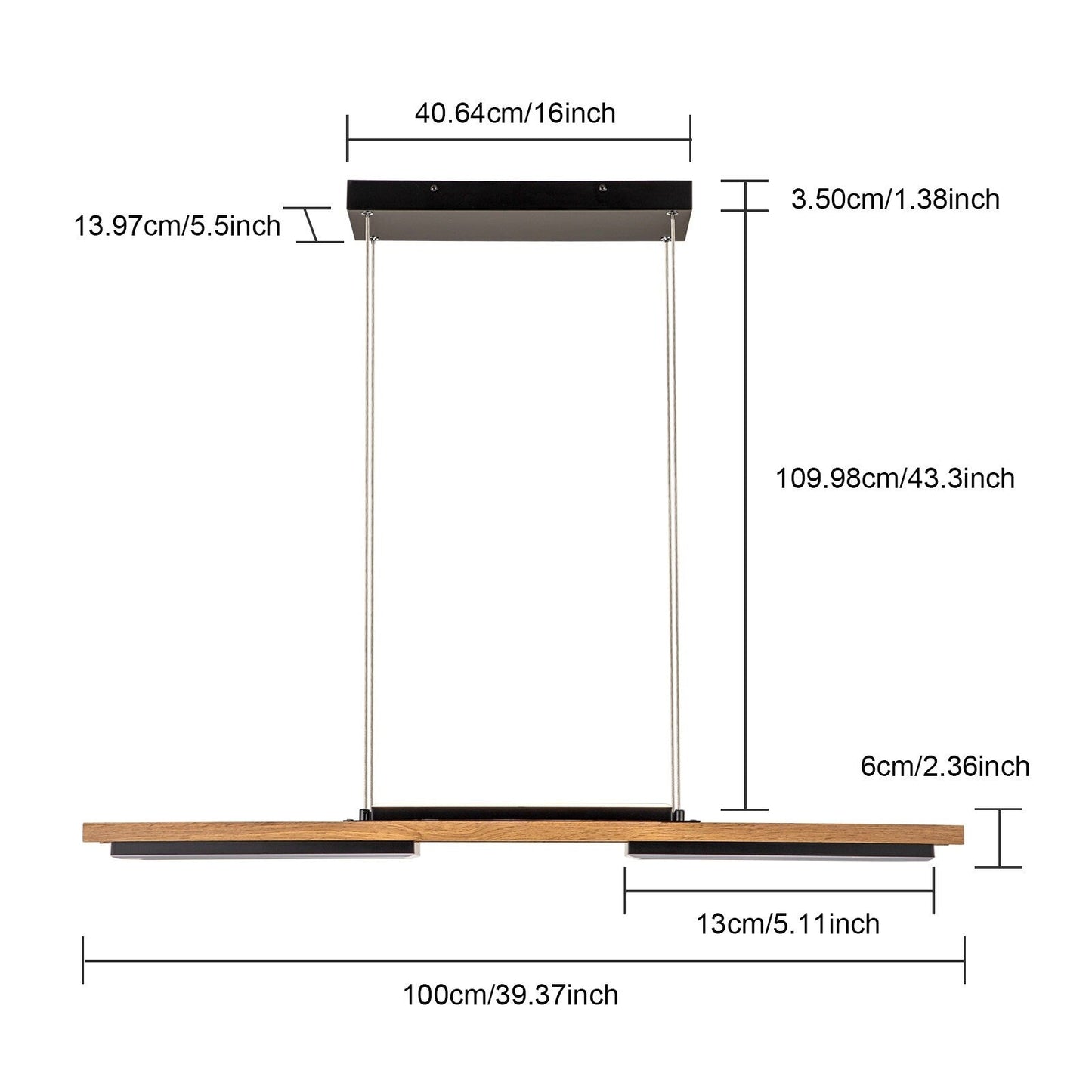 Suspension à LED intégrée en bois, linéaire, à 3 ou 5 lumières, pour îlot de cuisine.