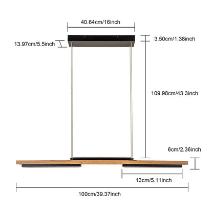 Suspension à LED intégrée en bois, linéaire, à 3 ou 5 lumières, pour îlot de cuisine.