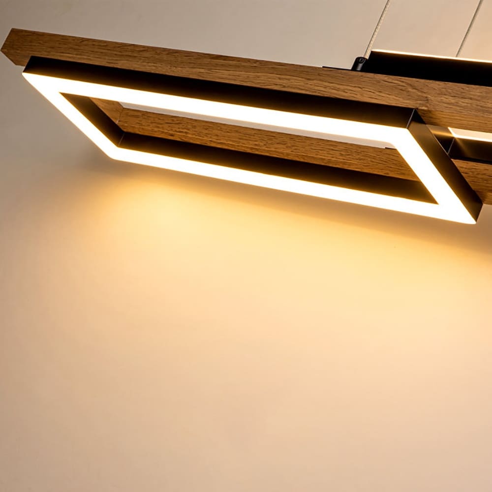Suspension à LED intégrée en bois, linéaire, à 3 ou 5 lumières, pour îlot de cuisine.