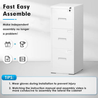3 Drawer Metal Locking File Cabinet for Home Office, Rolling Cabinet Fully Assembled