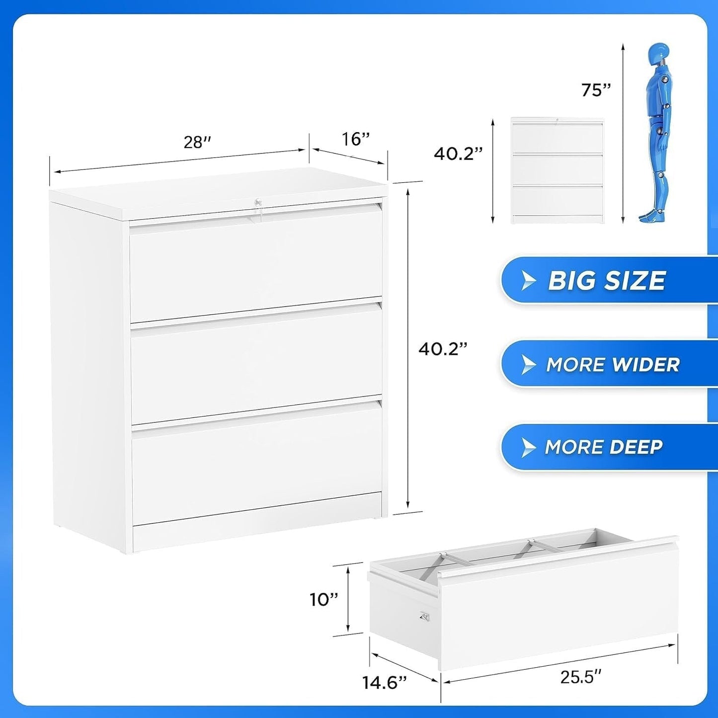 3 Drawer Metal Locking File Cabinet for Home Office, Rolling Cabinet Fully Assembled
