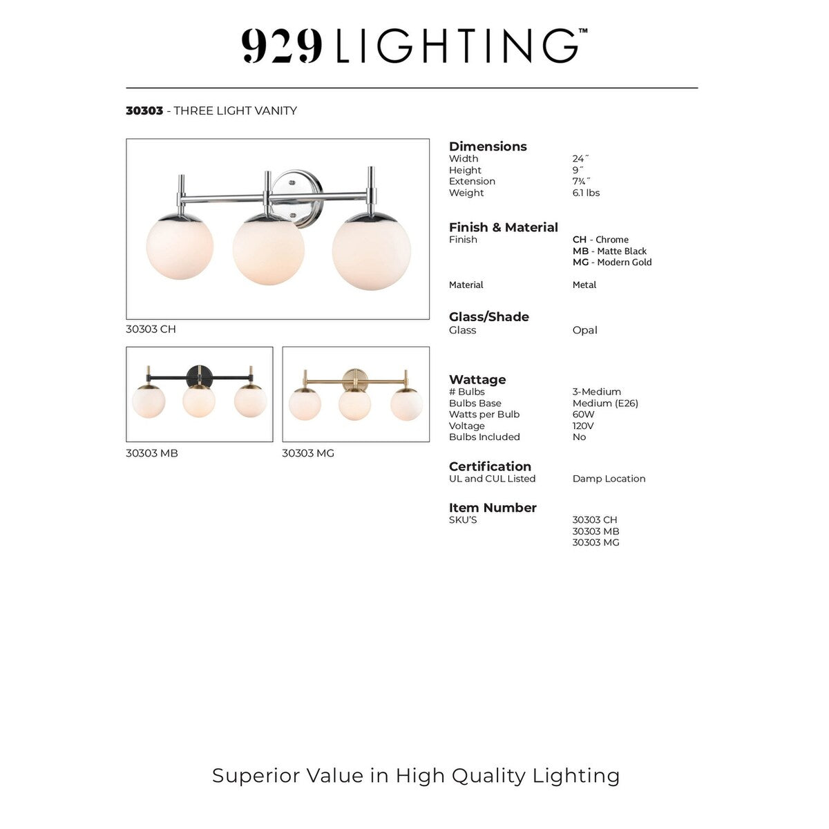 929 Lighting Lustre de salle de bain à 3 lumières, disponible en plusieurs finitions avec abat-jours en verre opale.