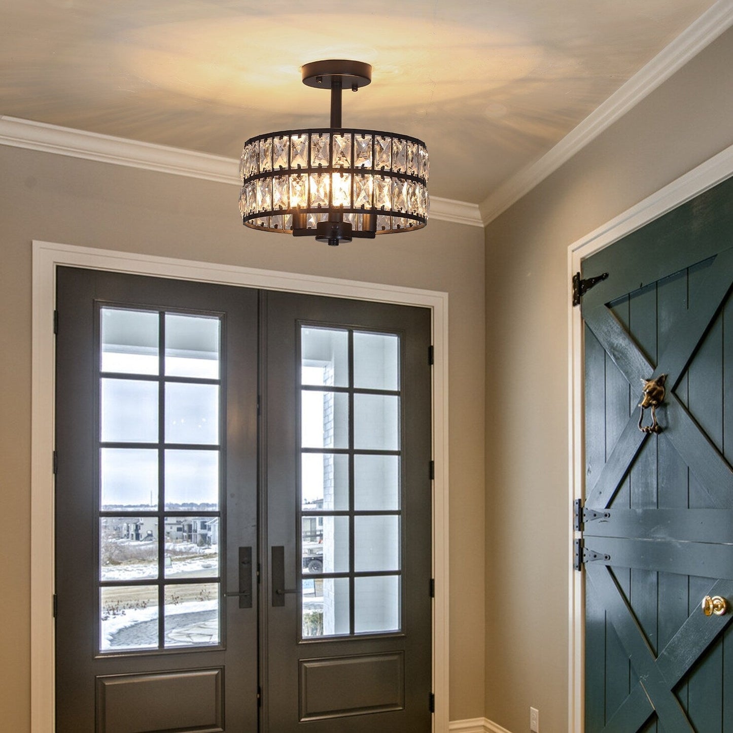 3-Light Crystal Semi Flush Mount Lights for Living Room Hallway
