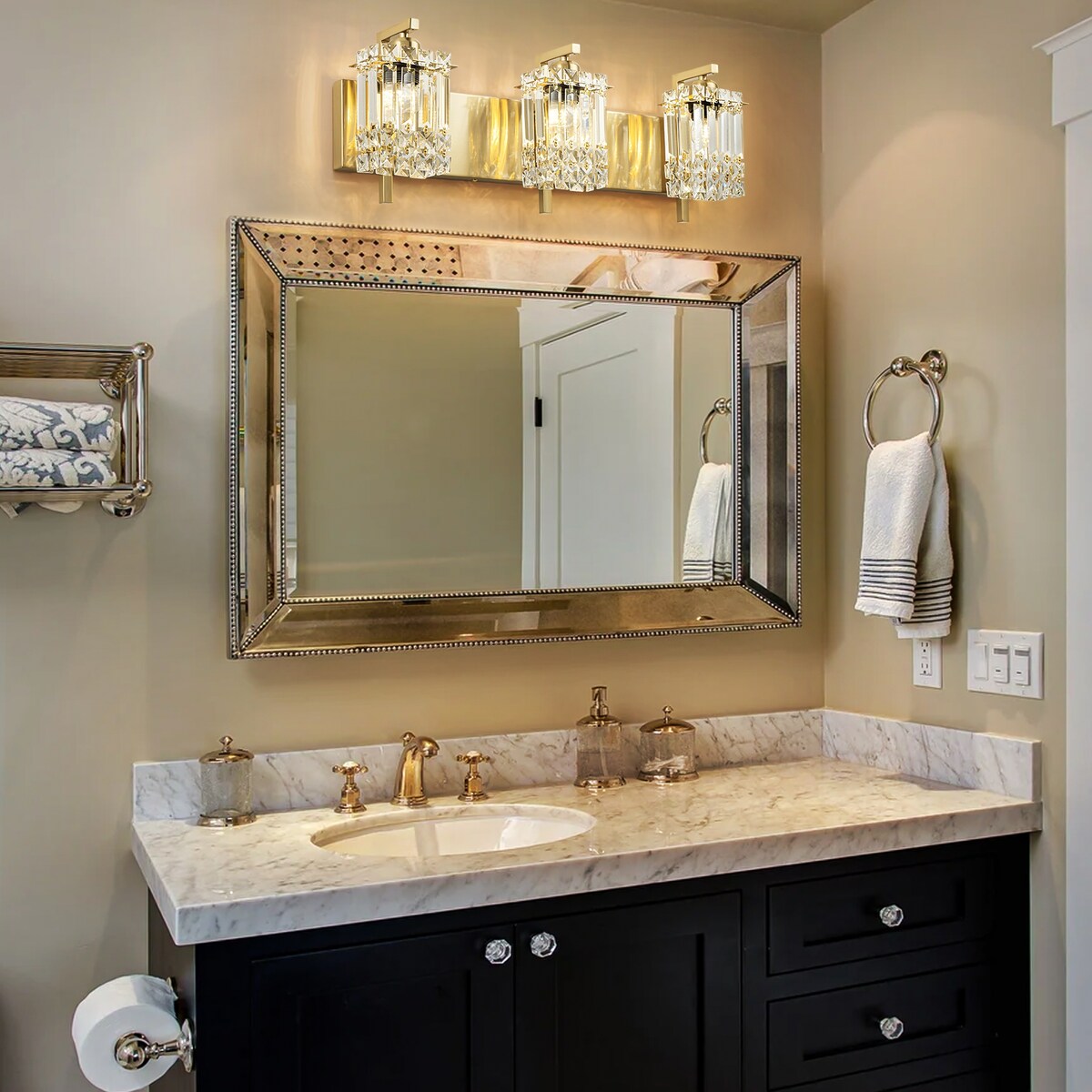 Applique murale moderne et glamour pour salle de bain, 3 lumières, cristal, pour miroir