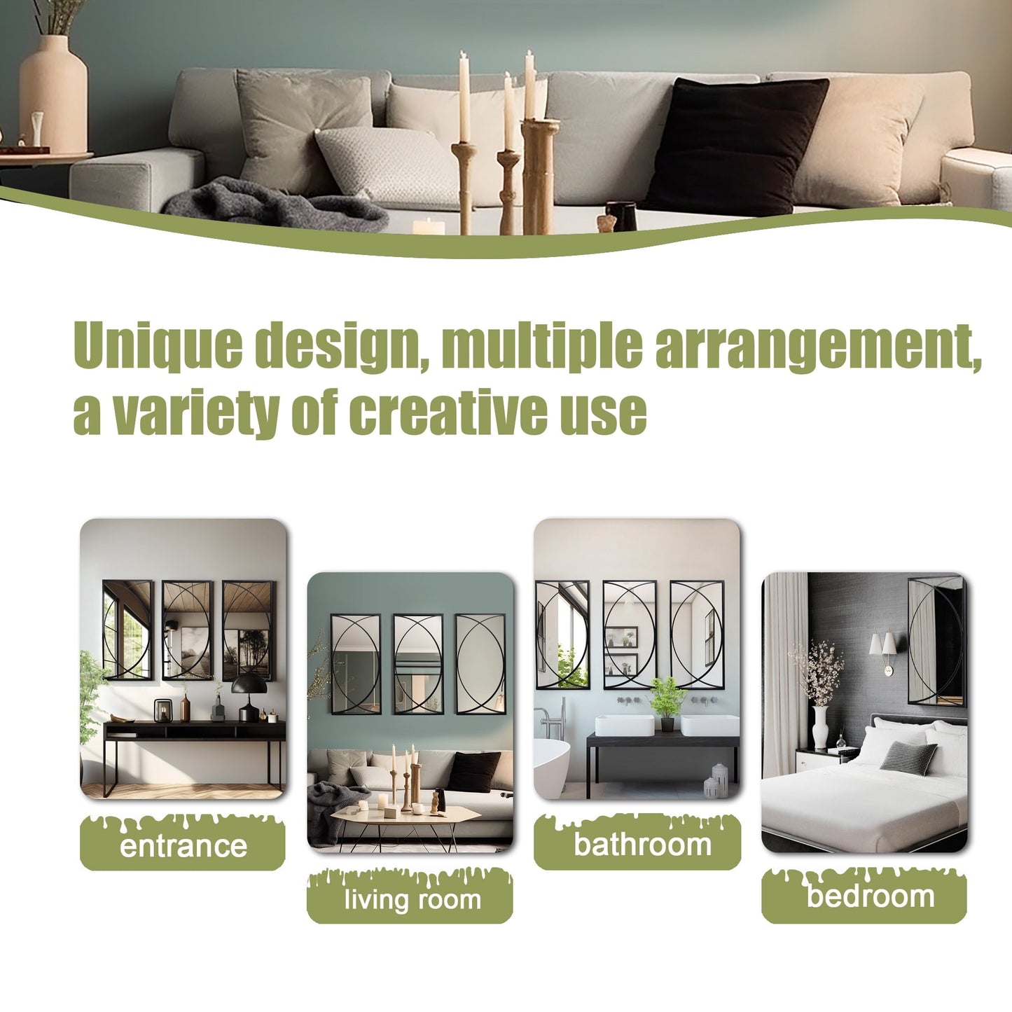 Ensemble de 3 miroirs muraux rectangulaires en métal noir - 80,6 H x 40 L x 1,9 l (cm)