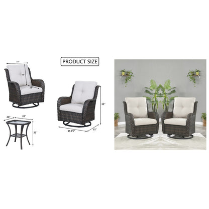 Gymojoy Ensemble de 3 pièces en rotin pour extérieur, chaise basculante pivotante avec coussin et table.