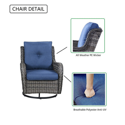 Gymojoy Ensemble de 3 pièces en rotin pour extérieur, chaise basculante pivotante avec coussin et table.