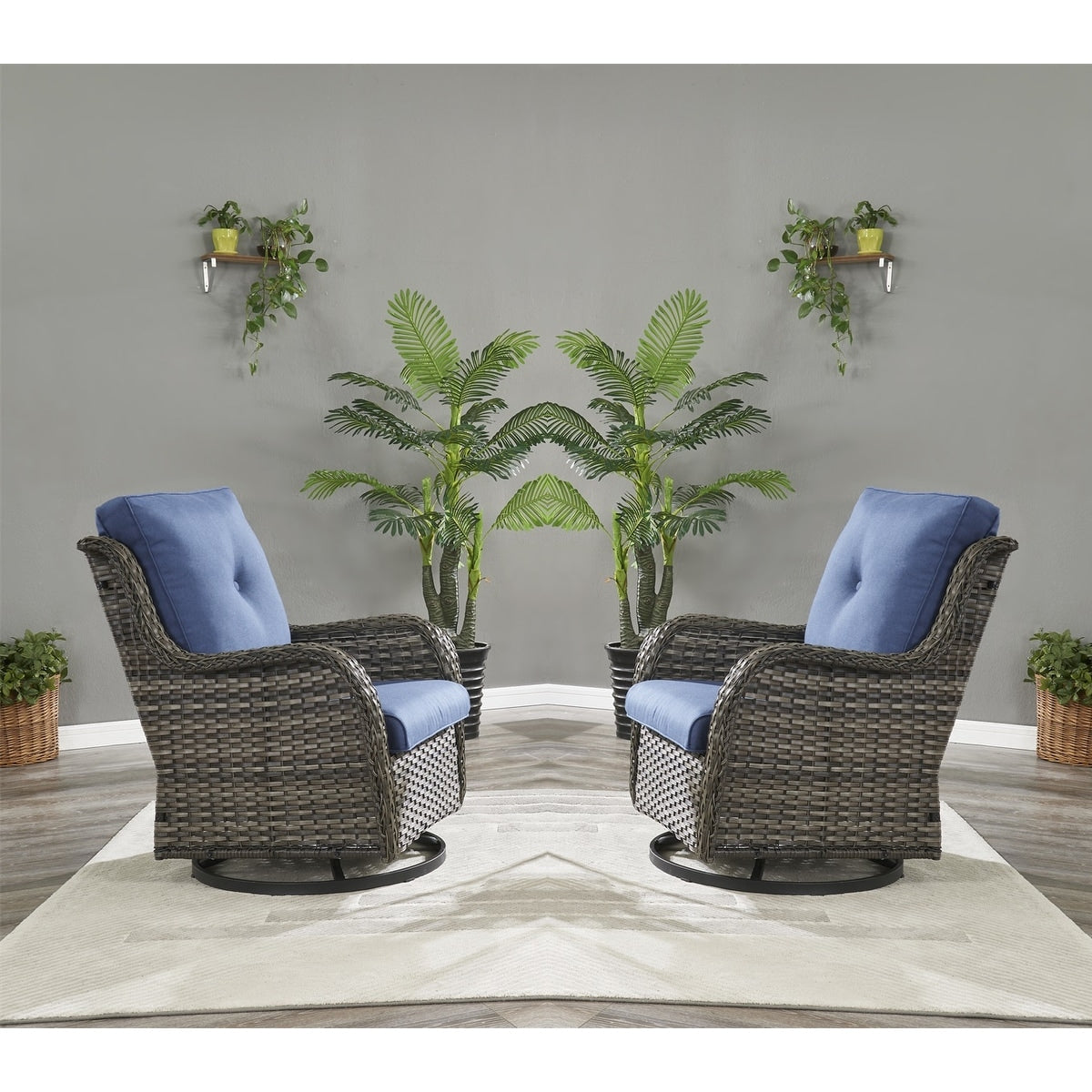 Gymojoy Ensemble de 3 pièces en rotin pour extérieur, chaise basculante pivotante avec coussin et table.