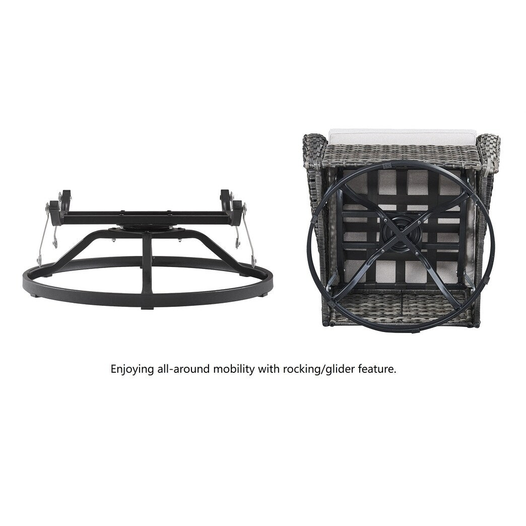 Gymojoy Ensemble de 3 pièces en rotin pour extérieur, chaise basculante pivotante avec coussin et table.