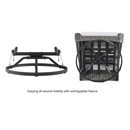 Gymojoy Ensemble de 3 pièces en rotin pour extérieur, chaise basculante pivotante avec coussin et table.