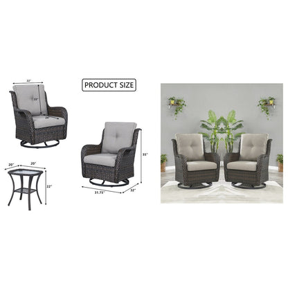Gymojoy Ensemble de 3 pièces en rotin pour extérieur, chaise basculante pivotante avec coussin et table.
