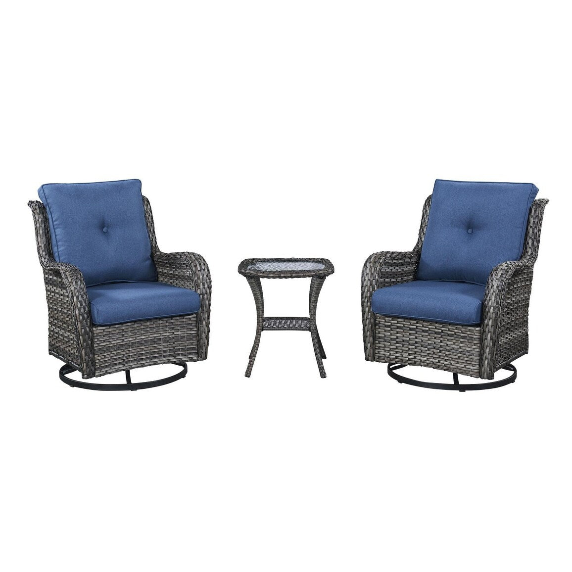 Gymojoy Ensemble de 3 pièces en rotin pour extérieur, chaise basculante pivotante avec coussin et table.