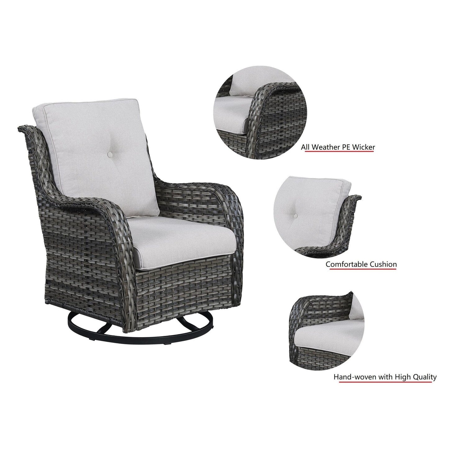 Gymojoy Ensemble de 3 pièces en rotin pour extérieur, chaise basculante pivotante avec coussin et table.