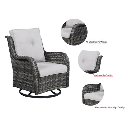 Gymojoy Ensemble de 3 pièces en rotin pour extérieur, chaise basculante pivotante avec coussin et table.