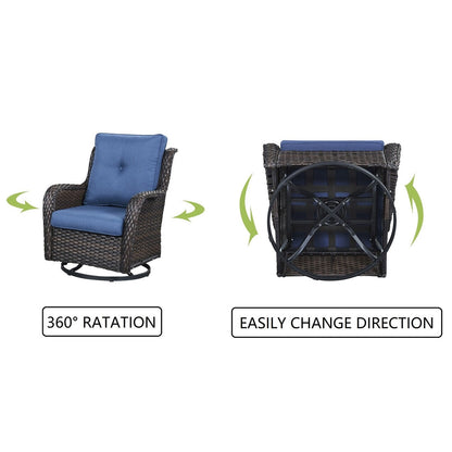 Gymojoy Ensemble de 3 pièces en rotin pour extérieur, chaise basculante pivotante avec coussin et table.