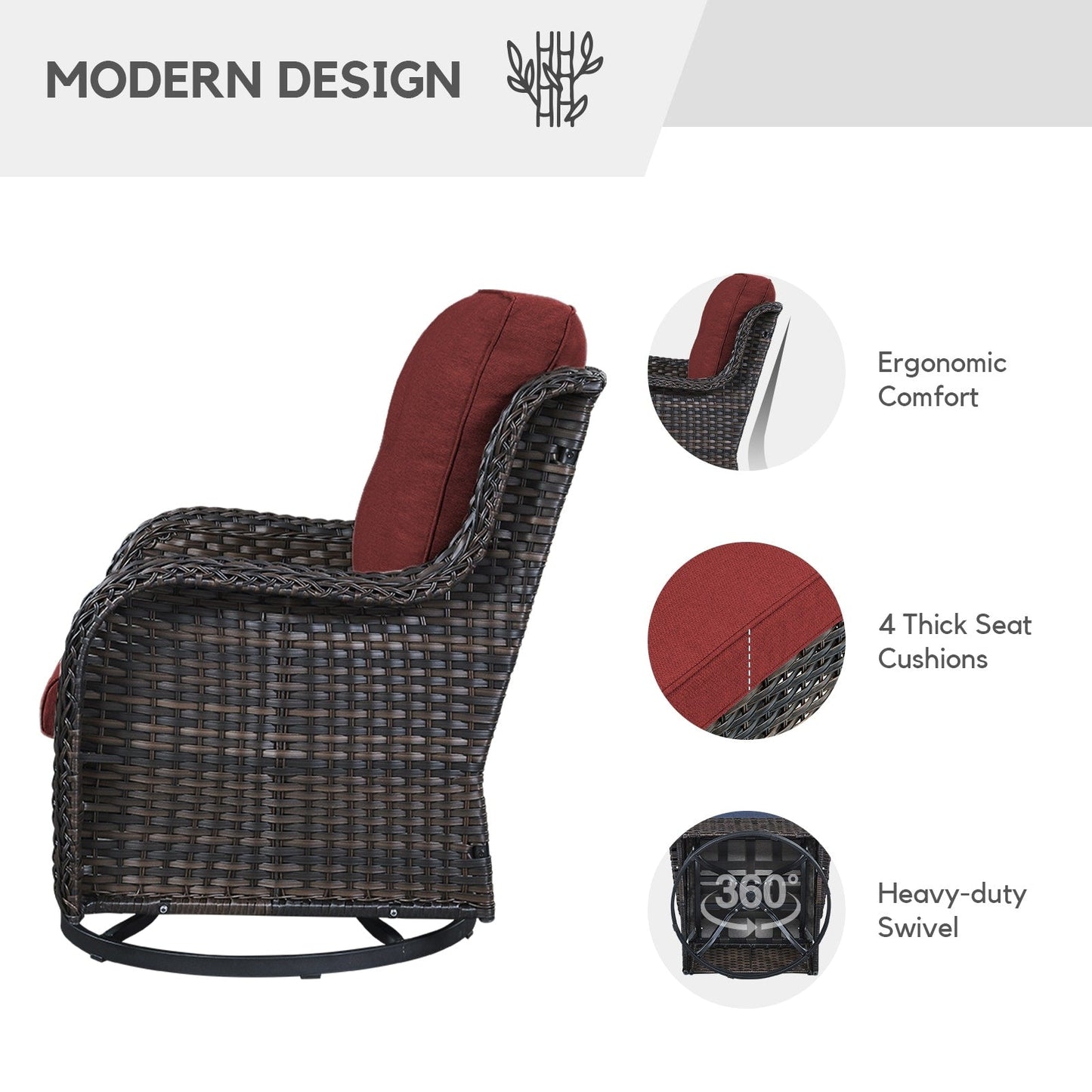 Gymojoy Ensemble de 3 pièces en rotin pour extérieur, chaise basculante pivotante avec coussin et table.