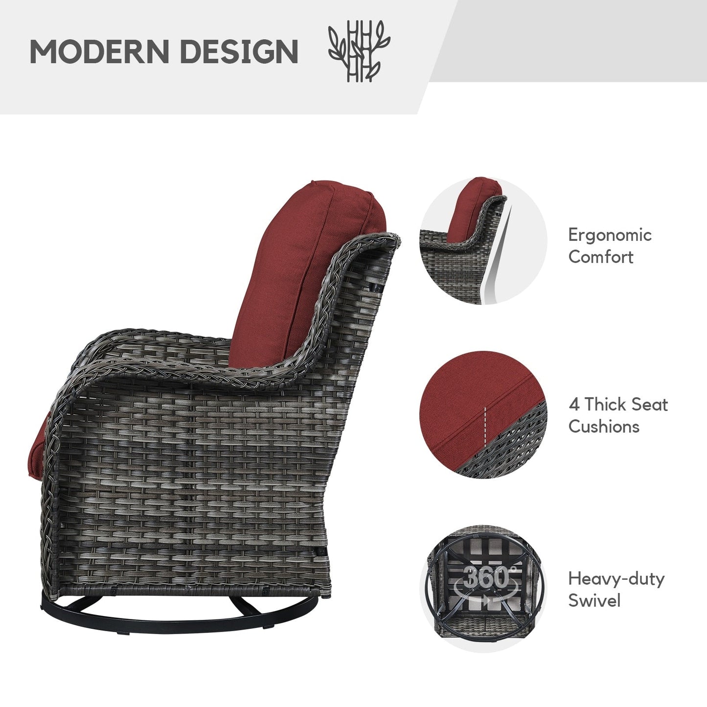 Gymojoy Ensemble de 3 pièces en rotin pour extérieur, chaise basculante pivotante avec coussin et table.