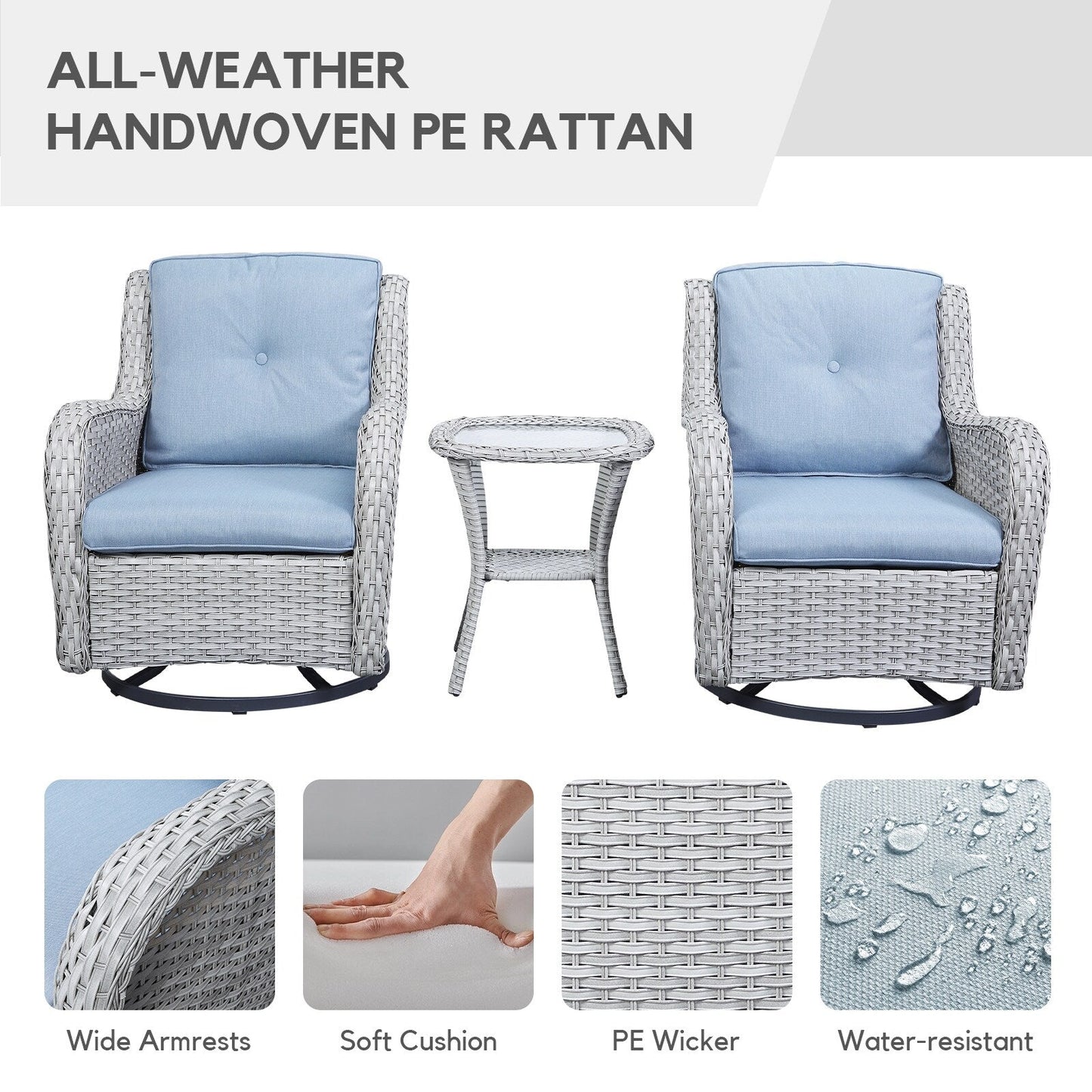 Gymojoy Ensemble de 3 pièces en rotin pour extérieur, chaise basculante pivotante avec coussin et table.