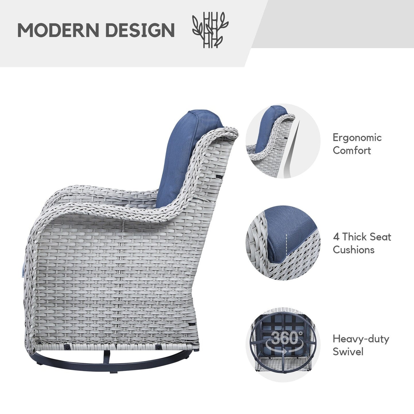 Gymojoy Ensemble de 3 pièces en rotin pour extérieur, chaise basculante pivotante avec coussin et table.