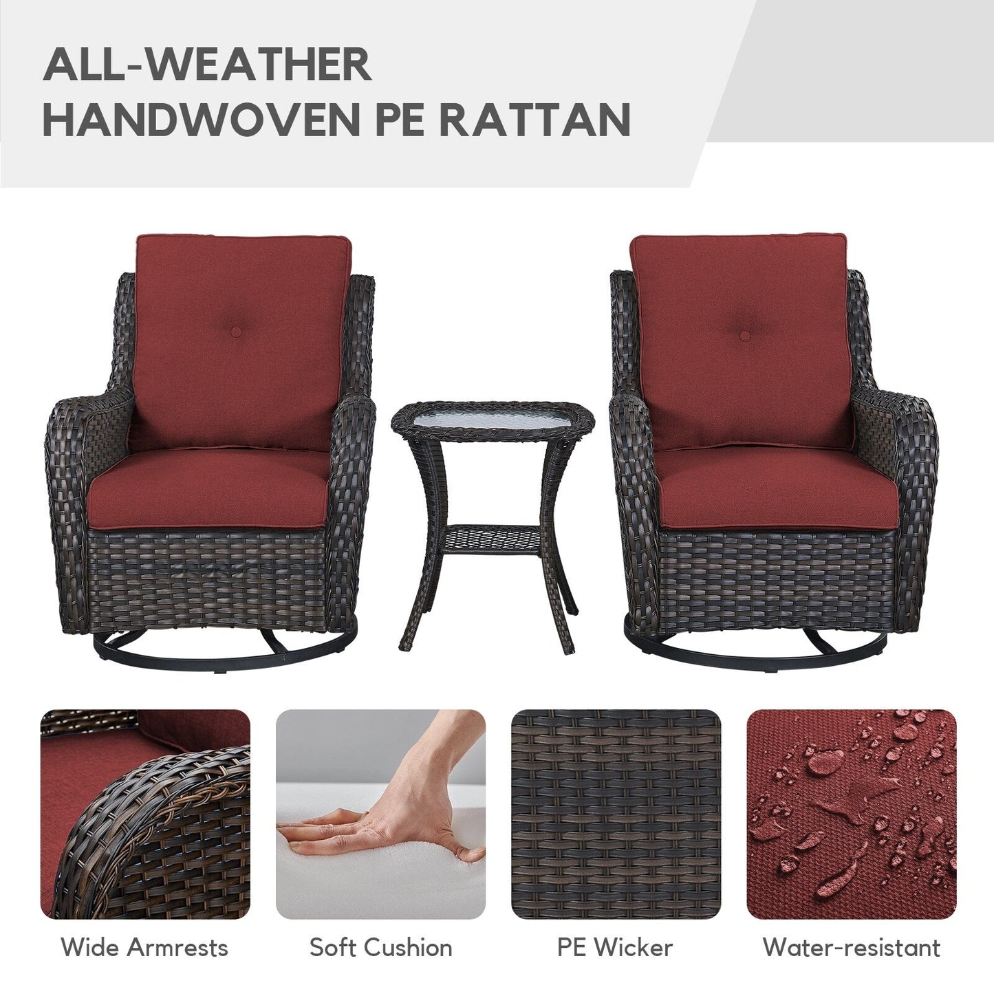 Gymojoy Ensemble de 3 pièces en rotin pour extérieur, chaise basculante pivotante avec coussin et table.