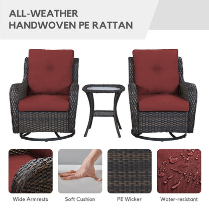 Gymojoy Ensemble de 3 pièces en rotin pour extérieur, chaise basculante pivotante avec coussin et table.